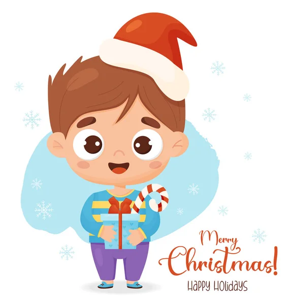 Kerst Leuke Jongen Santa Hoed Met Nieuwjaar Cadeau Karamel Inscriptie — Stockvector