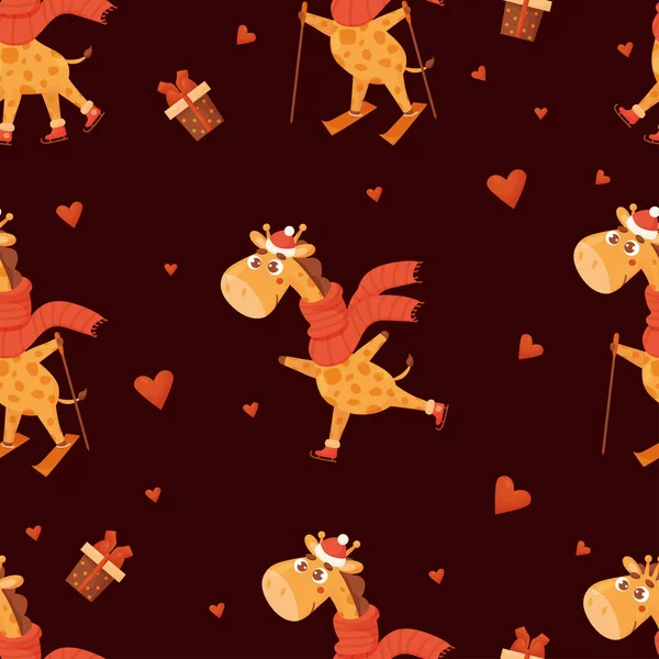 Seamless pattern with cute winter giraffes. Animal in scarf skiing, skating on burgundy background with hearts. Vector illustration. Funny pattern for decor, design, print, wallpaper, kids collection