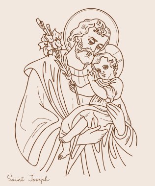 Nişanlı Aziz Joseph. Icon Kutsal Babamız, İsa Mesih ve çiçek açan zambak. Vektör çizimi. El çizimi. Özet geç. Dini temalar, Katolik ve Hıristiyan tatilleri için dekorasyon