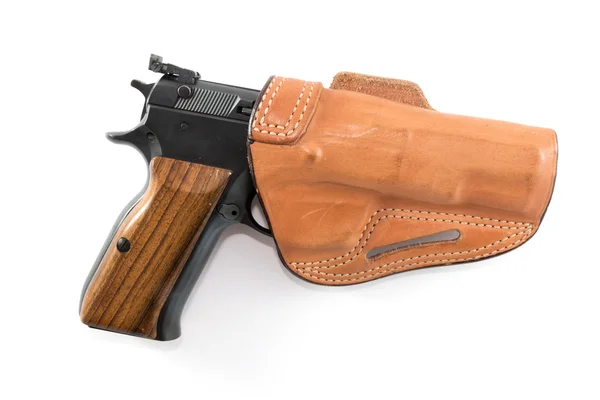 9mm Parabellum pistol in brown leather holster — Stock Photo, Image