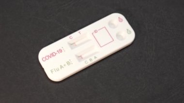 Dual combined covid-19 and flu A+B antigen test for self testing is displayed and rotated