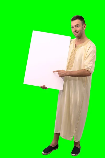 Szczęśliwy Średnim Wieku Przystojny Biały Mężczyzna Noszący Arabską Djellabę Nad — Zdjęcie stockowe