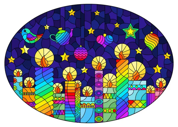 Kuvitus Tyyliin Lasimaalaus Teema Uudenvuoden Joulun Kirkas Kihara Kynttilöitä Joulukuusi — vektorikuva