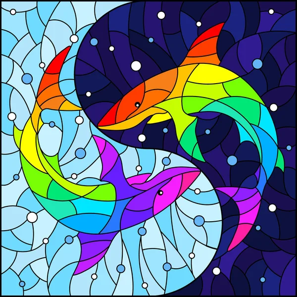 Иллюстрация Стиле Витража Двумя Радужными Акулами Синем Фоне Прямоугольное Изображение — стоковый вектор
