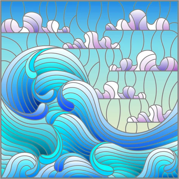Illustration Stil Eines Glasfensters Mit Einer Meereslandschaft Wellen Und Einem — Stockvektor