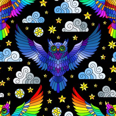 Baykuşlarla, yıldızlarla ve bulutlarla kusursuz desenler, karanlık arka planda parlak hayvanlar.