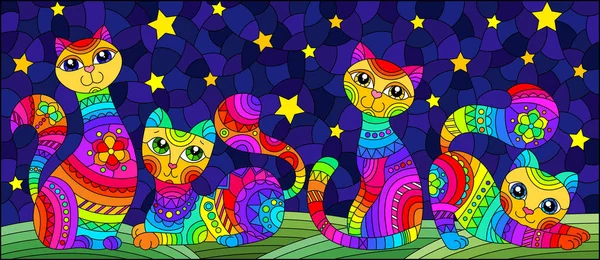 Una Ilustración Estilo Una Vidriera Con Brillantes Gatos Dibujos Animados — Vector de stock