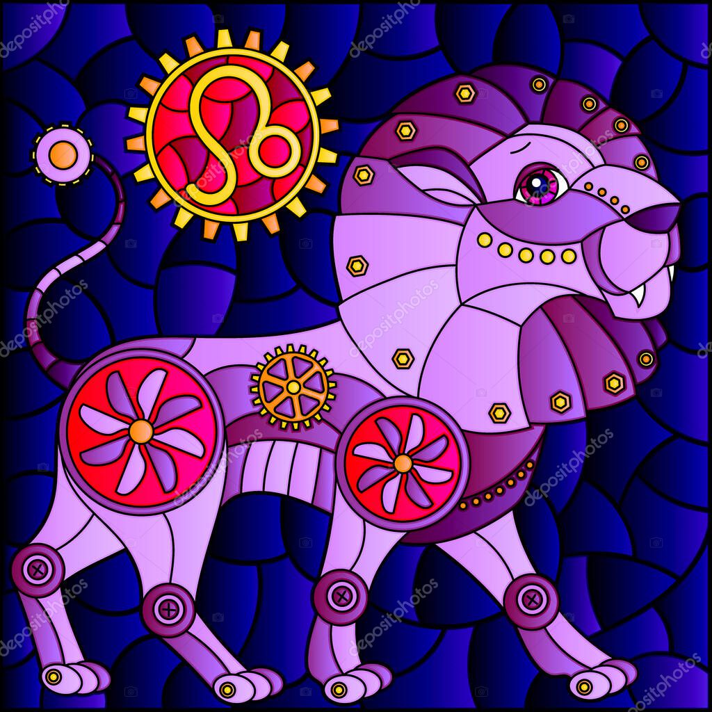 Illustration in the style of a stained glass window with an illustration of the steam punk sign of the horoscope leo, tone brown