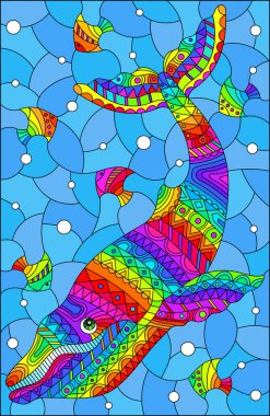 Su ve hava kabarcıklarının arka planında soyut bir gökkuşağı balinası olan boyalı cam pencere tarzında bir çizim.