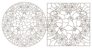 Çiçek çelenkleri ve kelebeklerle boyalı, beyaz arkaplandaki koyu renk çizgilerle çizilmiş bir şekil çizimi.