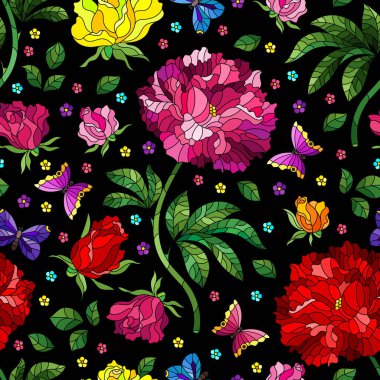 Gül çiçekleri ve kelebeklerle kusursuz desen, parlak çiçekler ve mavi arka planda böcekler