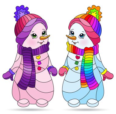 Komik kardan adamlar ve beyaz arka planda izole edilmiş parlak figürlerle boyalı cam tarzında çizimler.