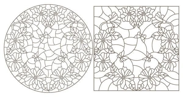 色彩艳丽的玻璃杯上有花环和蝴蝶图案的一组轮廓 白色背景上有深色轮廓 — 图库矢量图片