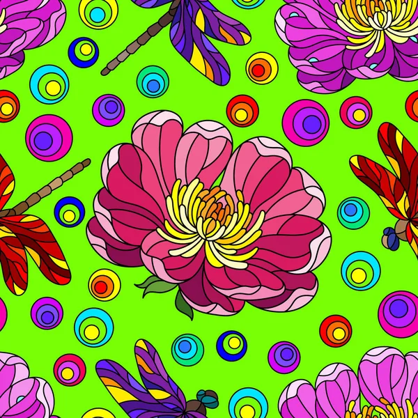 Nahtloses Muster Mit Leuchtenden Blumen Und Libellen Stil Von Glasmalerei — Stockvektor