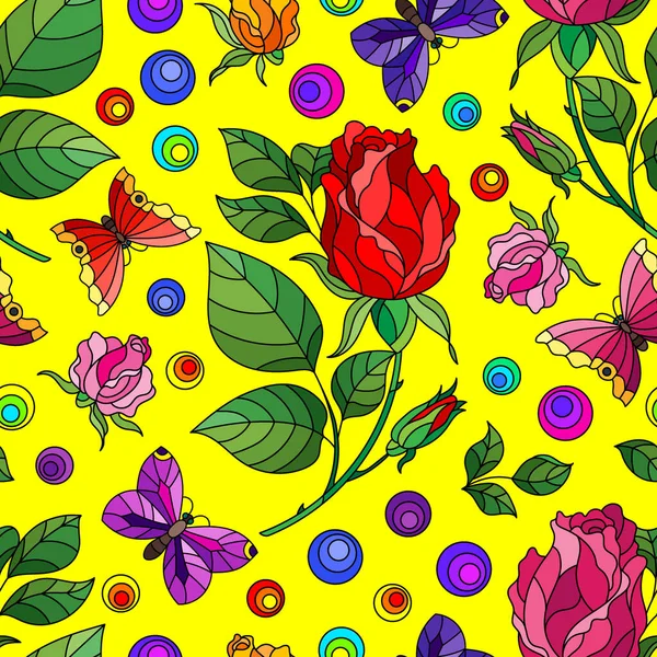 Nahtloses Muster Mit Rosenblüten Und Schmetterlingen Leuchtenden Blüten Und Insekten — Stockvektor
