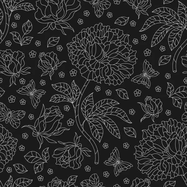 Patrón Sin Costuras Con Flores Rosas Mariposas Flores Contorno Oscuro — Archivo Imágenes Vectoriales