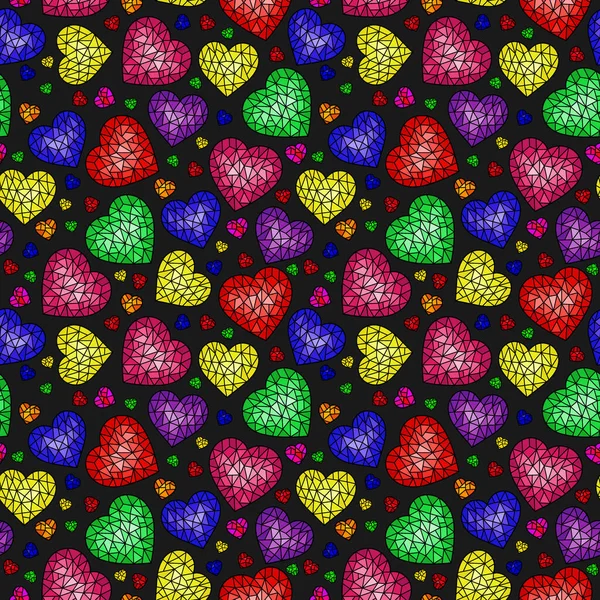 Seamless Pattern Abstract Cracked Hearts Bright Colored Hearts Dark Background — Stock Vector