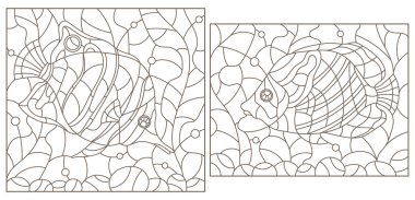 Lekelenmiş cam stilinde bir dizi çizim, alglerin arka planında kelebek balığı, beyaz arkaplanda koyu hatlar, dikdörtgen görüntüler.