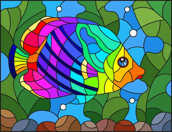 Illustration Stained Glass Style Abstract Rainbow Butterfly Fish Background Algae — Stock Vector