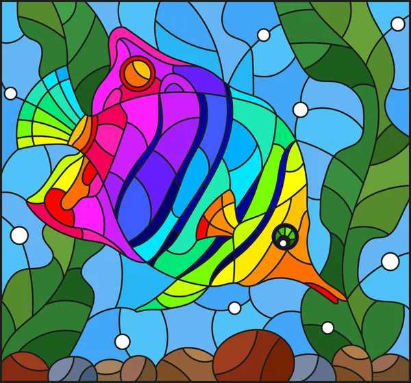 Иллюстрация Витражном Стиле Абстрактной Радужной Рыбой Бабочкой Фоне Водорослей Пузырьков — стоковый вектор