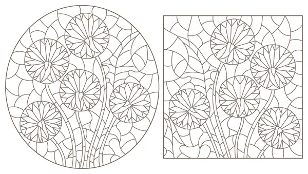 一套带有抽象蒲公英花的色彩艳丽的玻璃杯图案 白色背景上的深色轮廓 — 图库矢量图片