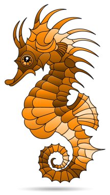 Kahverengi bir deniz atı, beyaz bir arka planda izole edilmiş bir hayvan, vitray pencere stilinde bir çizim.