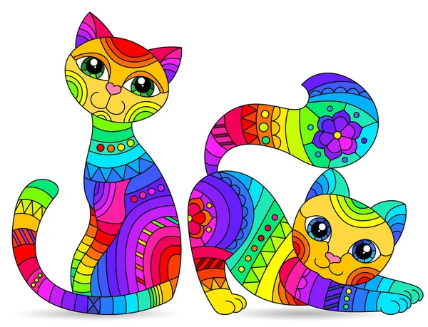 Set Vidrieras Con Gatos Arco Iris Imágenes Aisladas Sobre Fondo — Vector de stock