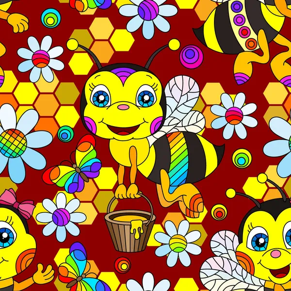 Patrón Sin Costuras Con Lindas Abejas Dibujos Animados Flores Panales — Vector de stock