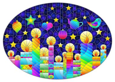 Parlak kıvırcık mumlar ve mavi arka planda noel ağacı oyuncakları ile yeni yıl ve Noel teması üzerine mozaik pencere tarzında bir illüstrasyon.