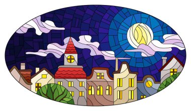 Gece gökyüzüne karşı şehir çatıları olan vitraylı cam tasviri, oval görüntü