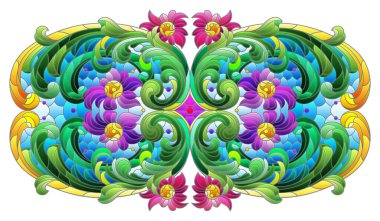 Soyut bir çiçek elementi ile renklendirilmiş cam pencere tarzında bir resim, kompozisyon beyaz bir arka planda izole edilir