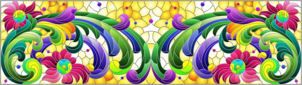 Ilustrasi Dalam Gaya Kaca Patri Dengan Bunga Abstrak Daun Dan - Stok Vektor
