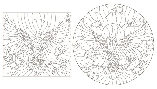 Een Set Contourillustraties Stijl Van Gebrandschilderd Glas Met Abstracte Adelaars — Stockvector