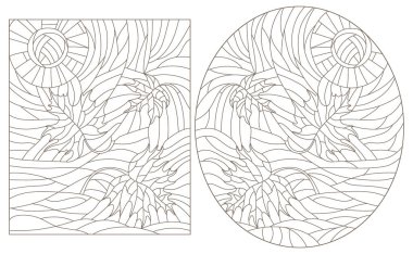A set of contour illustrations in the style of stained glass with maple leaves on a sky background, dark contours on a white background clipart