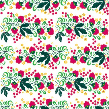 Folk boyama tarzında kusursuz çiçek deseni, çiçekler, yapraklar ve açık arkaplanda böğürtlenler