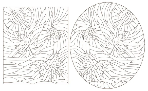 Uppsättning Konturillustrationer Stil Med Färgat Glas Med Lönnlöv Himmelsbakgrund Mörka — Stock vektor