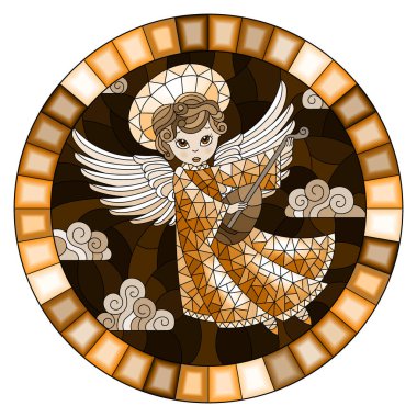 Lutu bulutlu gökyüzüne karşı çalan çizgi film meleği, parlak çerçeveli yuvarlak görüntü, ton kahverengisi