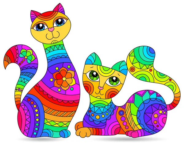 Set Vidrieras Con Gatos Arco Iris Imágenes Aisladas Sobre Fondo — Vector de stock