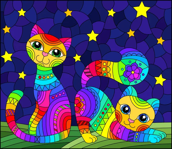 Eine Illustration Stil Eines Glasfensters Mit Hellen Cartoon Katzen Auf — Stockvektor