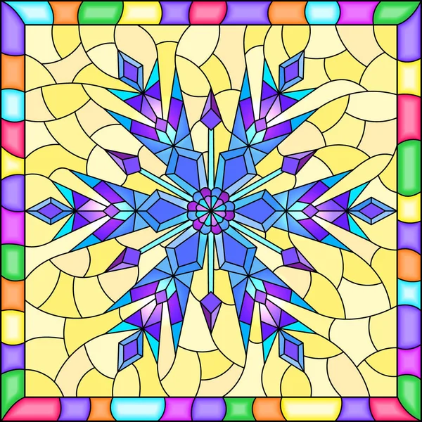 Illustration Stained Glass Style Openwork Snowflake Yellow Background Square Image — Stock Vector