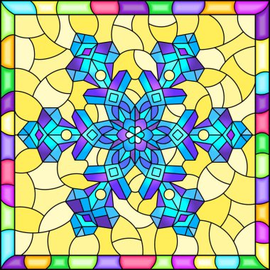 Sarı zemin üzerinde bir açılış işi kar tanesi, parlak çerçeveli kare resim ile boyalı cam tarzında bir resim