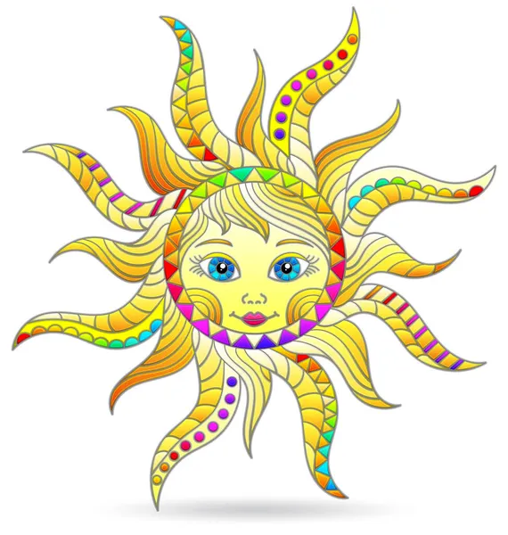 Ilustrace Stylu Barevného Skla Abstraktním Sluncem Obličejem Postava Izolovaná Bílém — Stockový vektor