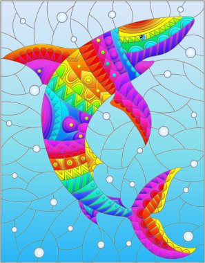 Su ve hava kabarcıklarından oluşan bir zemin üzerinde soyut gökkuşağı köpekbalığı bulunan vitray tarzı bir çizim.