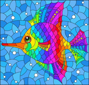 Mavi arkaplanda parlak bir gökkuşağı balık skaleri olan, dikdörtgen şeklinde bir pencere tasviri
