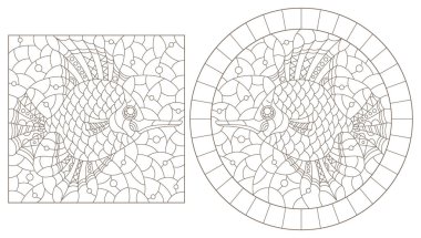 Soyut balıklı mozaik cam tarzında çizimler, beyaz arka planda koyu renk çizgiler.