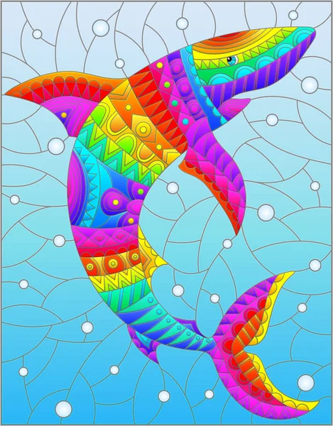 Иллюстрация Стиле Витража Абстрактной Радужной Акулой Фоне Водных Воздушных Пузырьков — стоковый вектор