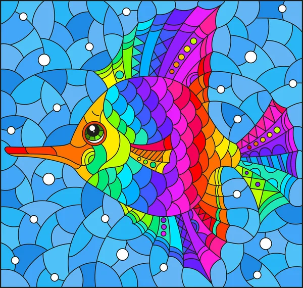 파랗게 빛나는 무지개 물고기 스칼라가 스테인드글라스 창문의 모양에 직사각 배경에 — 스톡 벡터
