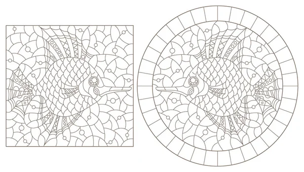 Набір Контурних Ілюстрацій Стилі Вітража Абстрактними Рибами Темні Контури Білому — стоковий вектор