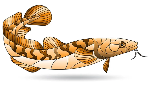 Ilustrasi Dalam Gaya Kaca Patri Dengan Ikan Coklat Abstrak Figur - Stok Vektor