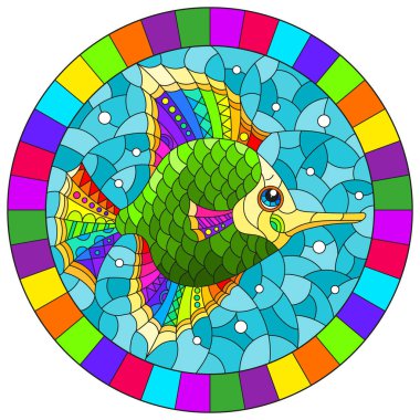 Mavi suların arka planında parlak gökkuşağı balık skaleri, parlak çerçevede oval resim olan boyalı cam pencere tarzında bir resim.